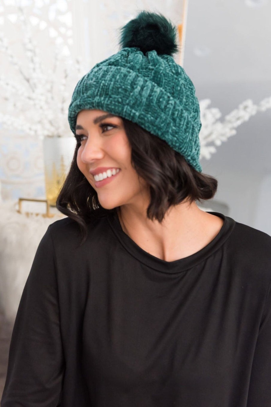 Tops NeeSee's Dresses | Stay Cozy Chenille Pom Pom Beanie Teal Chenille