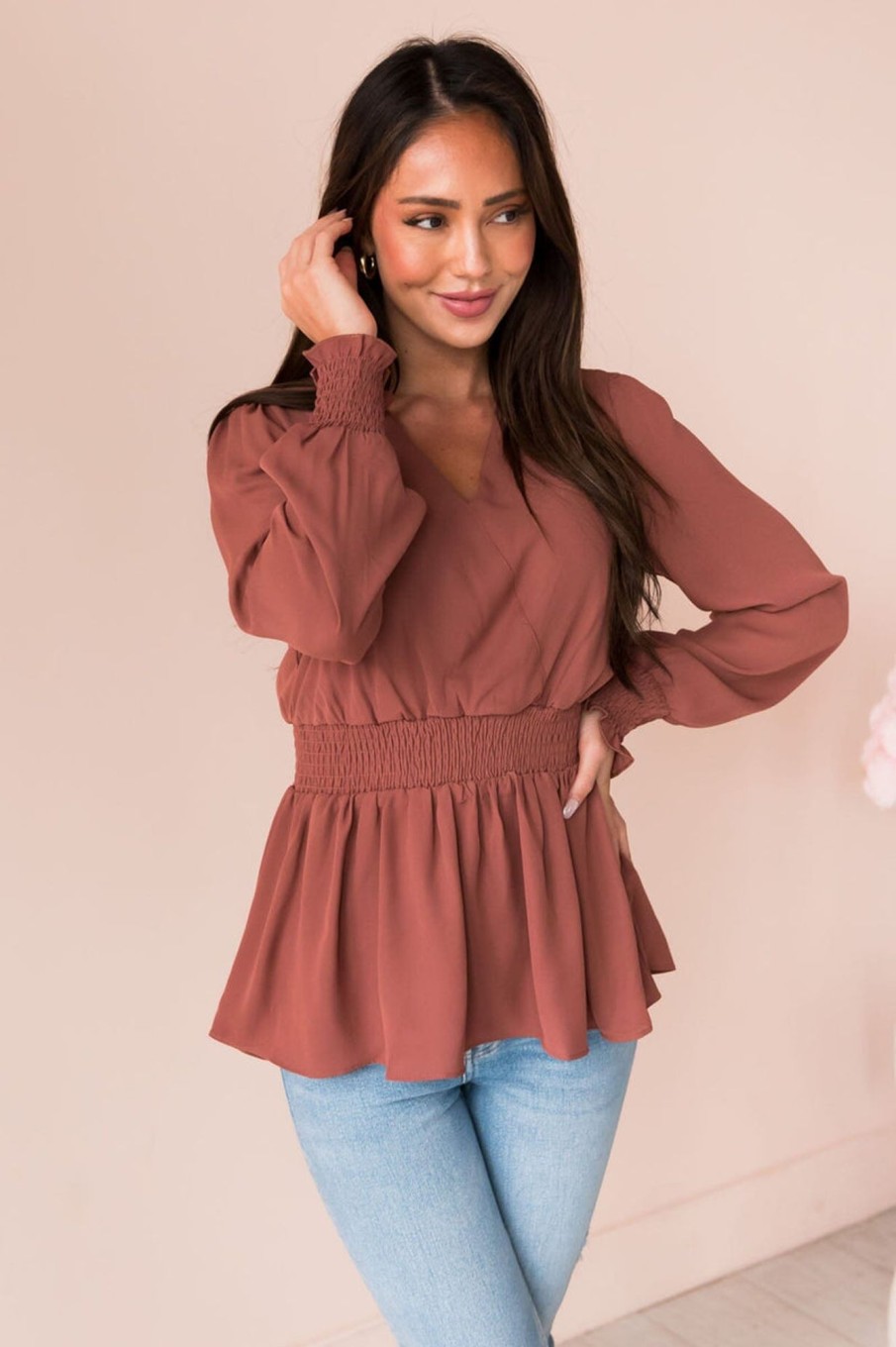 Tops NeeSee's Dresses | New Friends Modest Peplum Top Dusty Clay