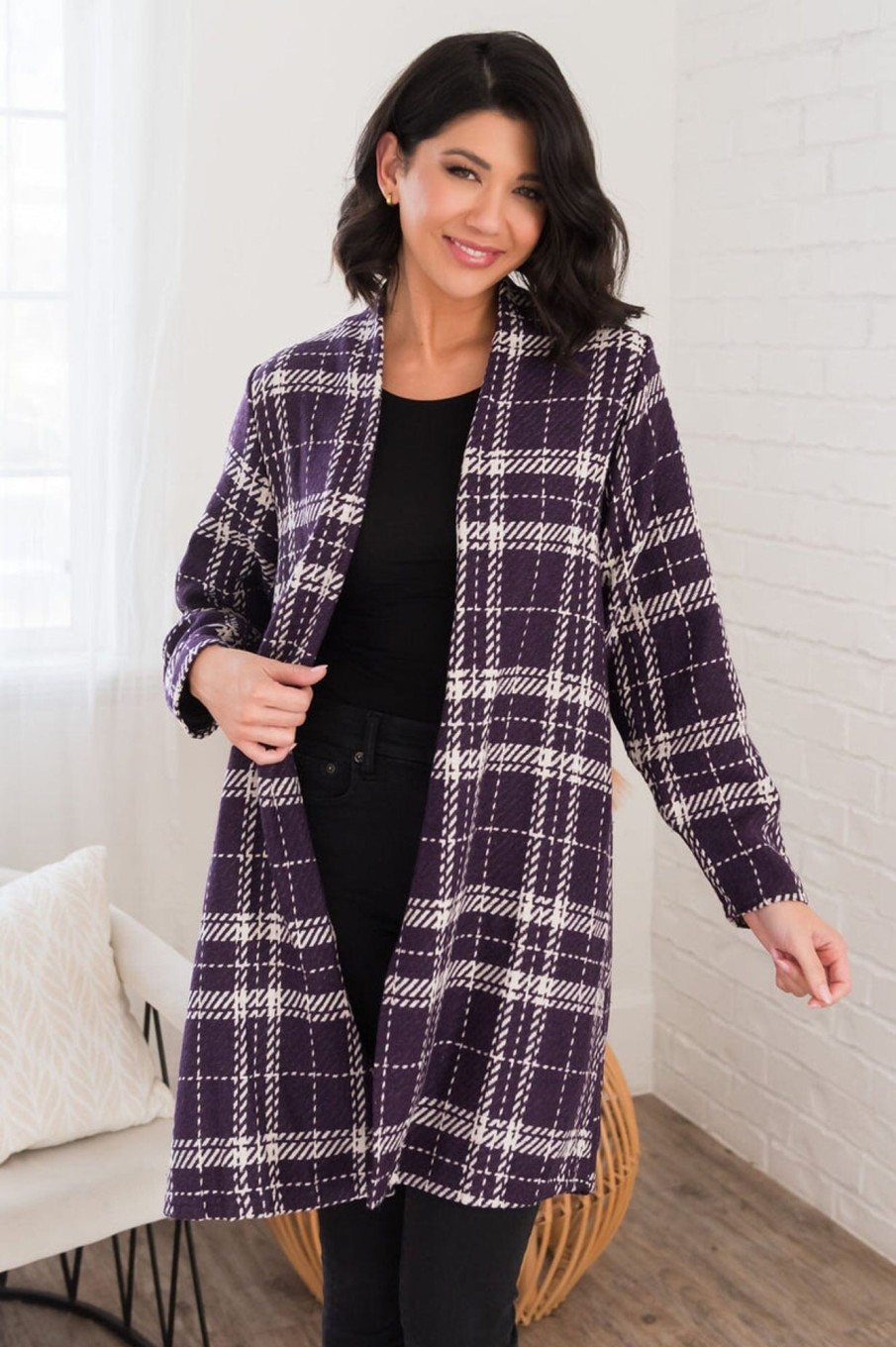 Tops NeeSee's Dresses | Thankful Thoughts Modest Cardigan Aubergine/Cream Plaid