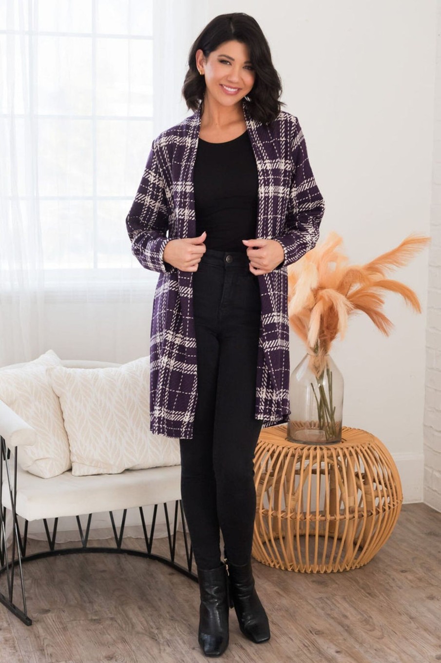 Tops NeeSee's Dresses | Thankful Thoughts Modest Cardigan Aubergine/Cream Plaid