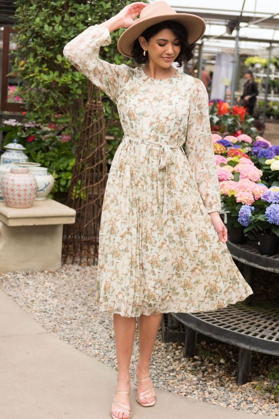 Dresses NeeSee's Dresses | The Andi Cream W/ Mocha&Dusty Sage Watercolor Floral