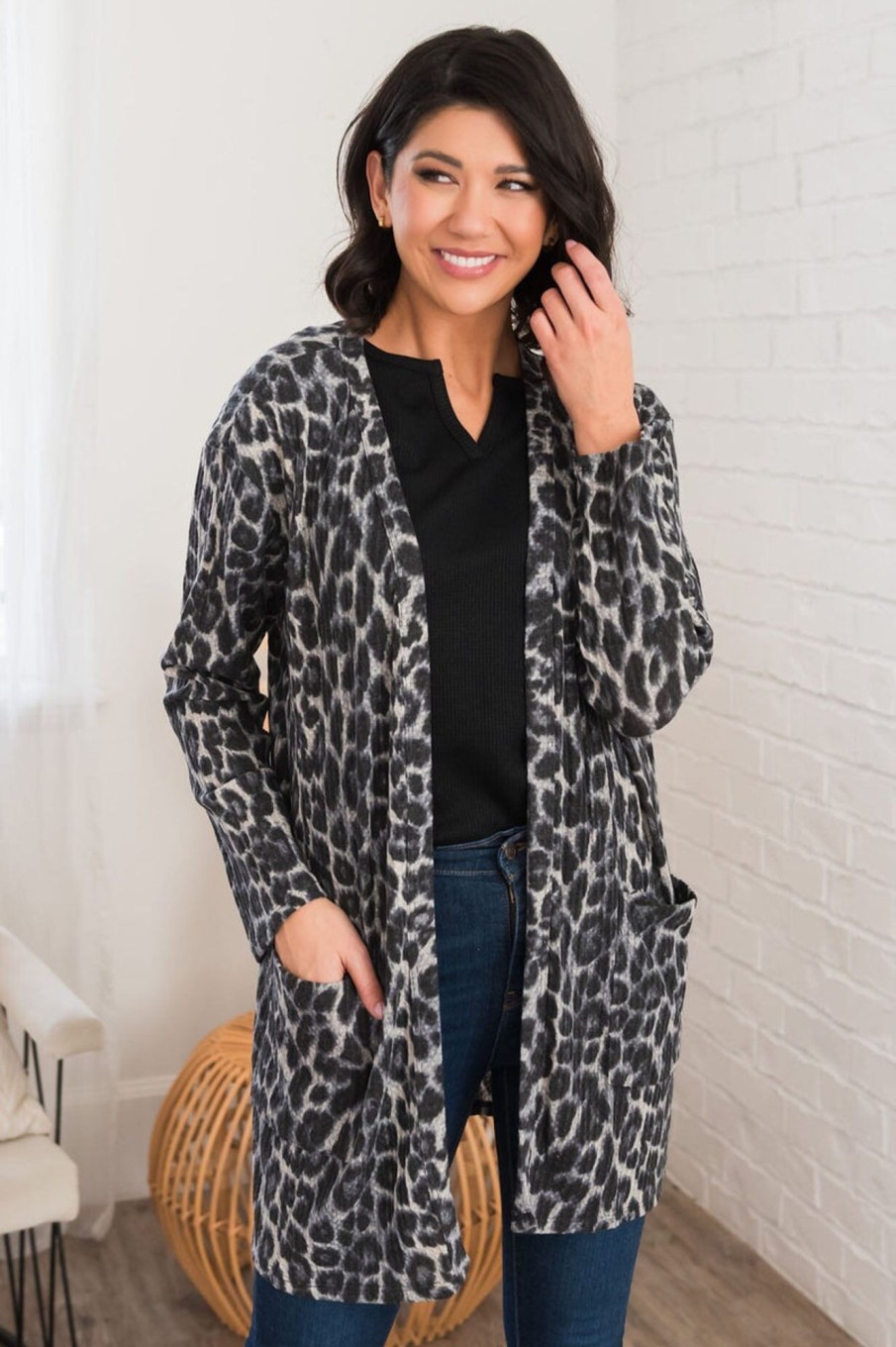 Tops NeeSee's Dresses | Wild Vibes Modest Cardigan Grey Leopard