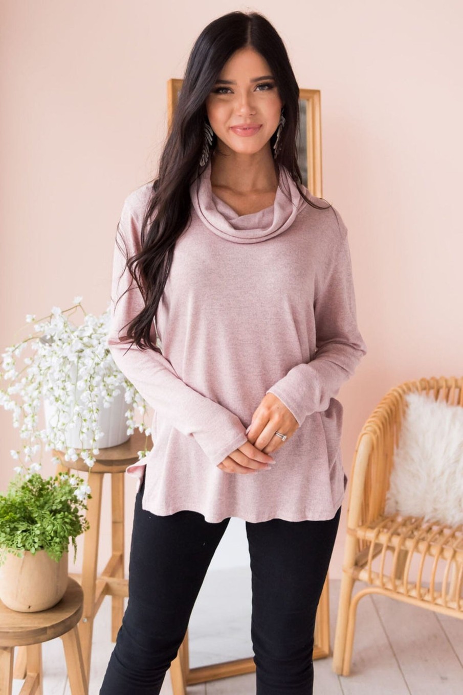 Tops NeeSee's Dresses | You Are So Loved Modest Cowl Neck Sweater Dusty Pink