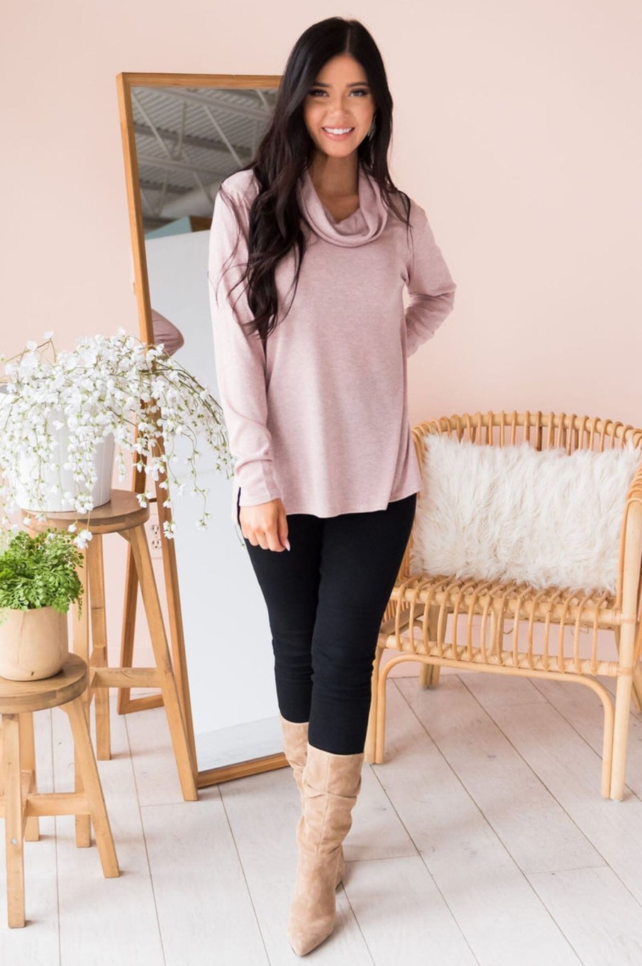 Tops NeeSee's Dresses | You Are So Loved Modest Cowl Neck Sweater Dusty Pink