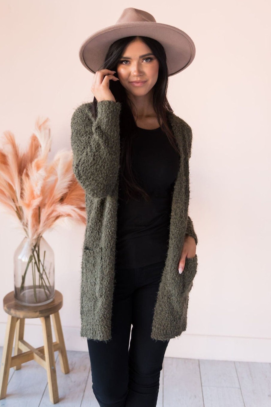 Tops NeeSee's Dresses | Soft & Cuddly Modest Sweater Cardigan Olive