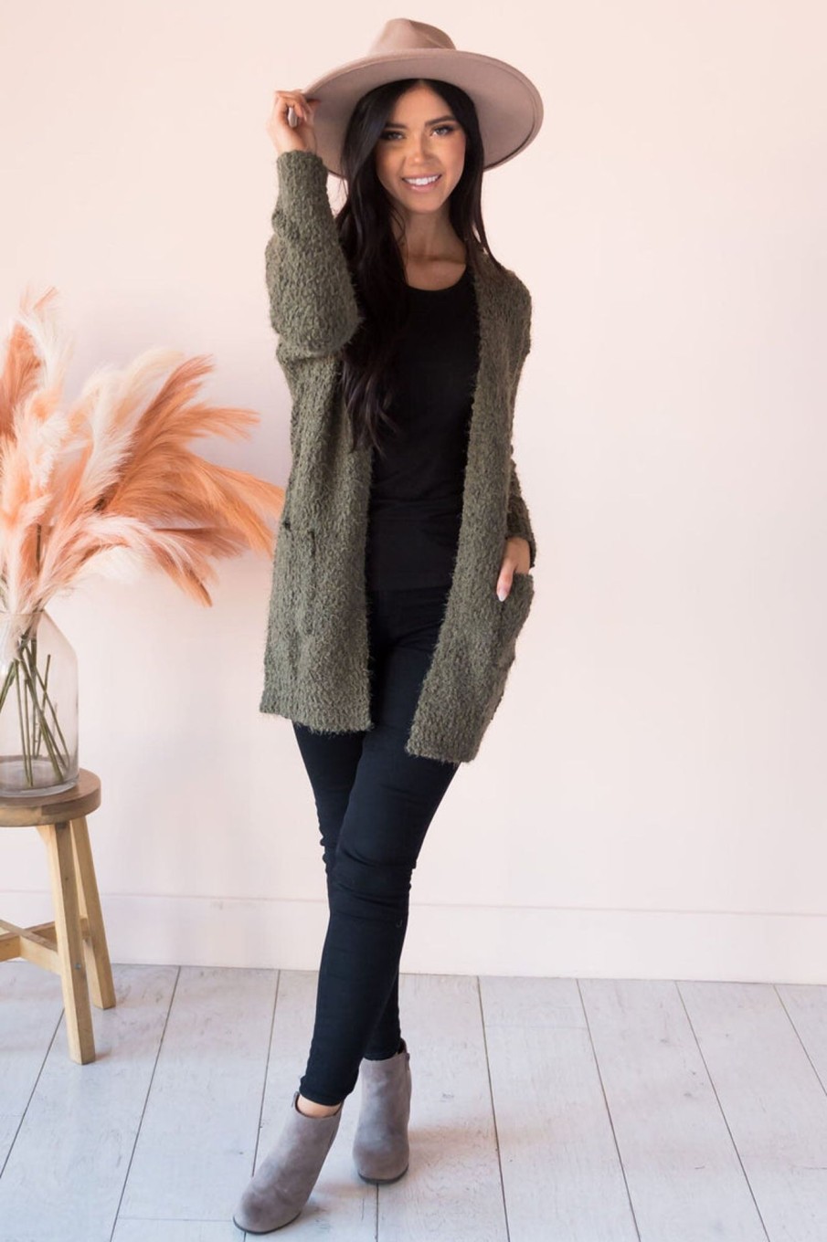 Tops NeeSee's Dresses | Soft & Cuddly Modest Sweater Cardigan Olive