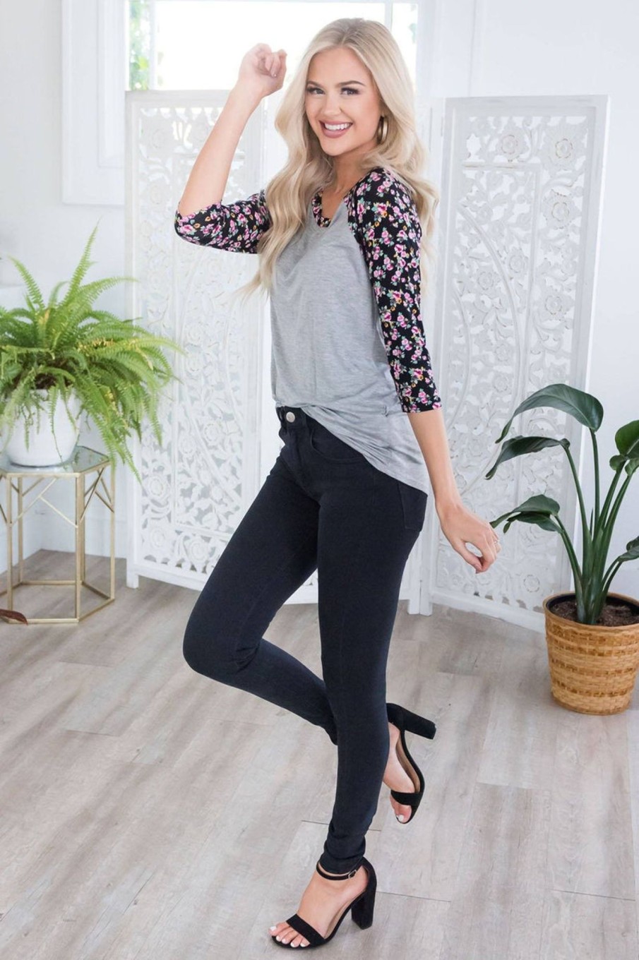 Tops NeeSee's Dresses | Floral Beauty Modest Baseball Tee Heather Grey/Black Floral Sleeves