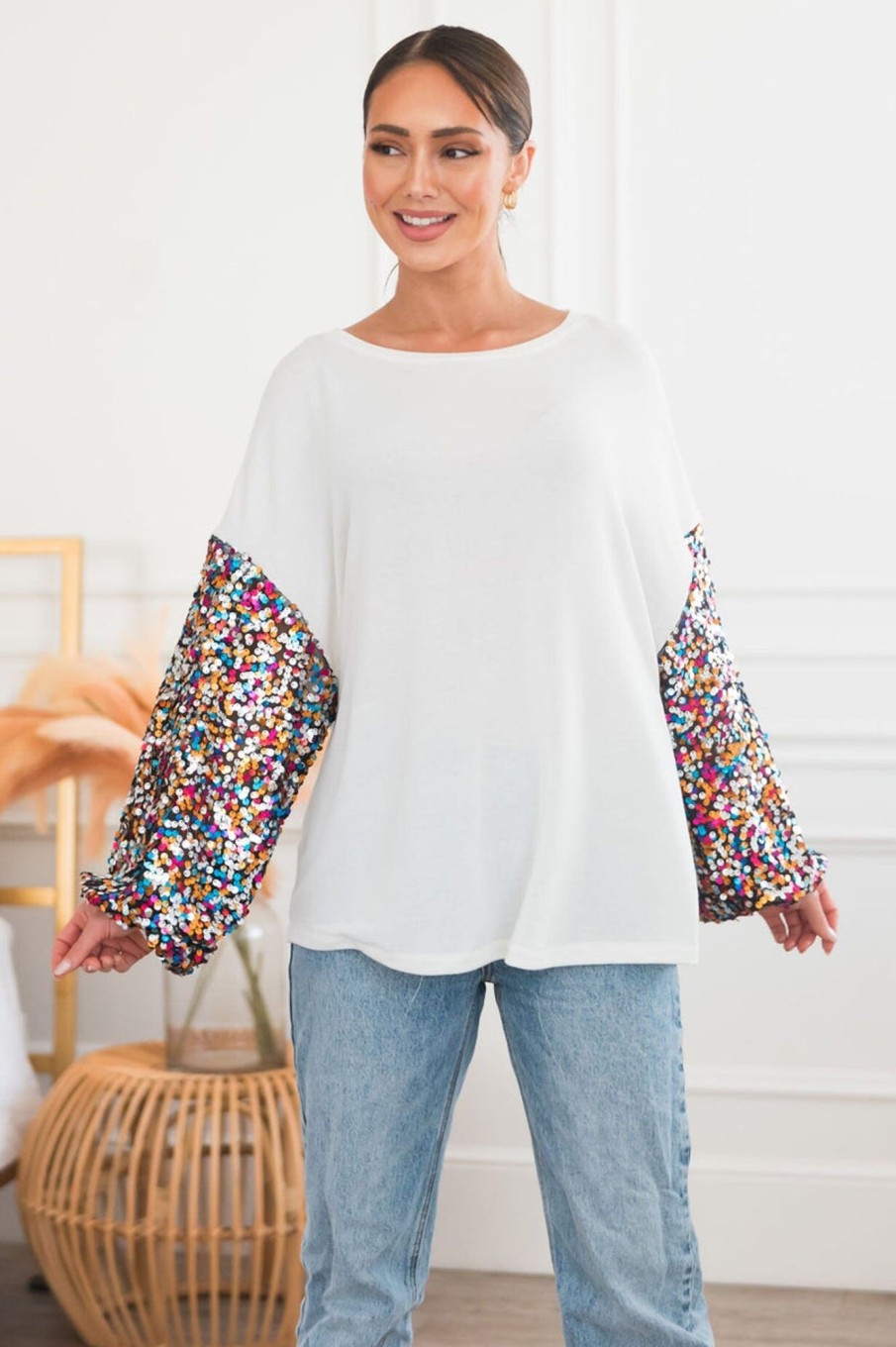 Tops NeeSee's Dresses | Always Celebrating Modest Sequin Sweater Off White/Confetti Sequin