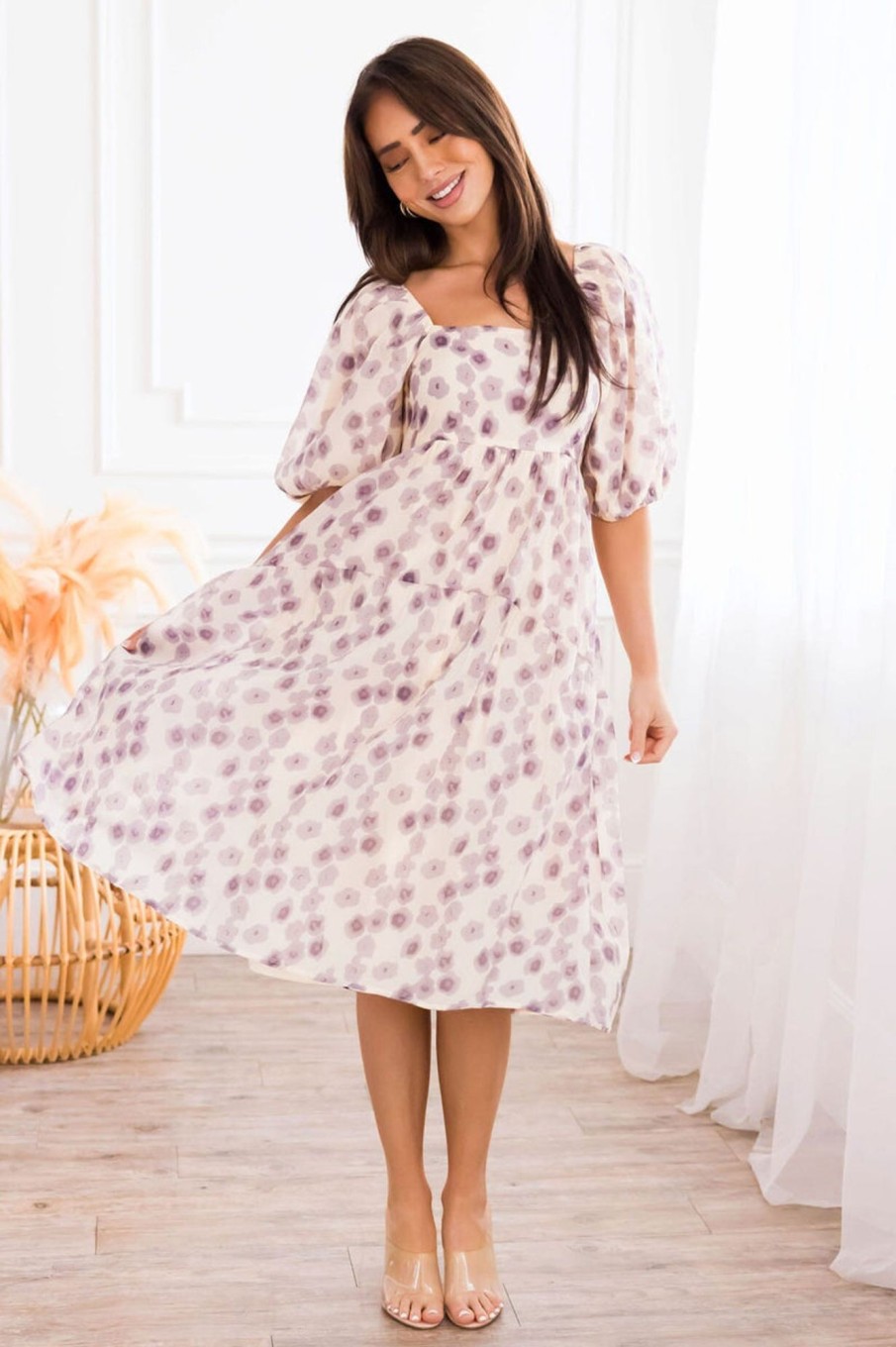 Dresses NeeSee's Dresses | The Sarbrina Cream/Lavender Floral