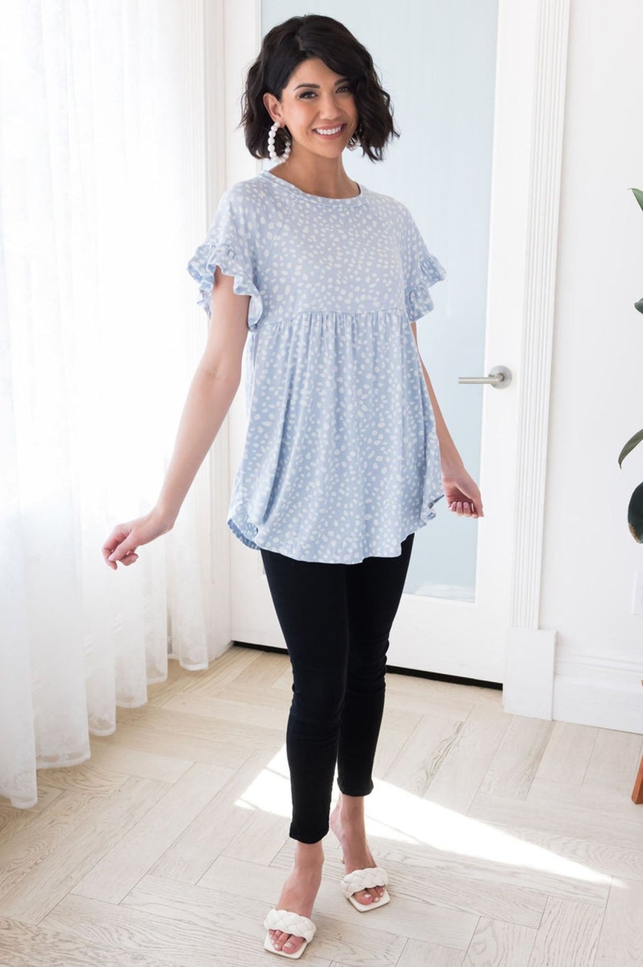 Tops NeeSee's Dresses | Nearly Perfect Modest Peplum Blouse Light Blue/White Animal Print