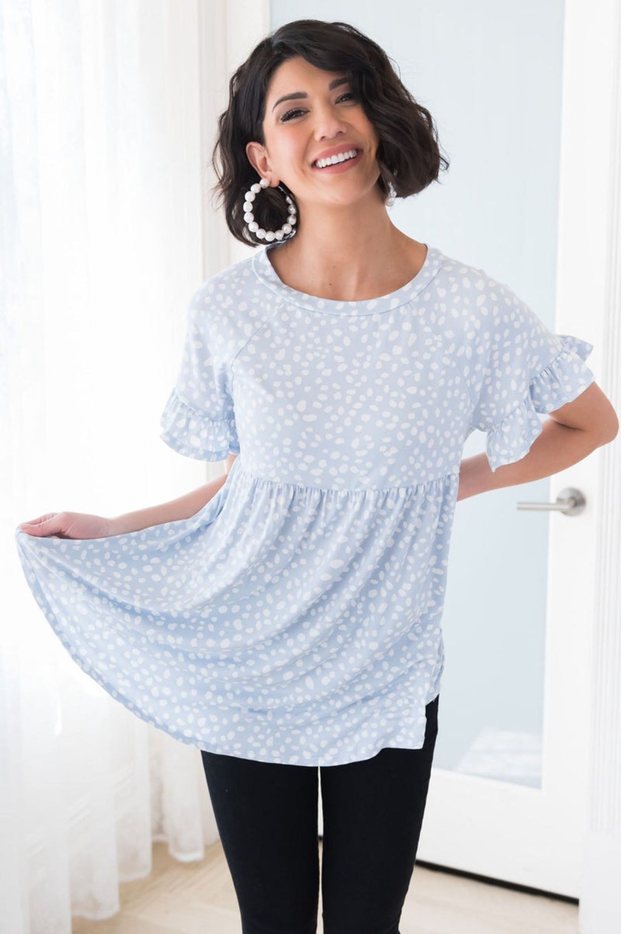 Tops NeeSee's Dresses | Nearly Perfect Modest Peplum Blouse Light Blue/White Animal Print