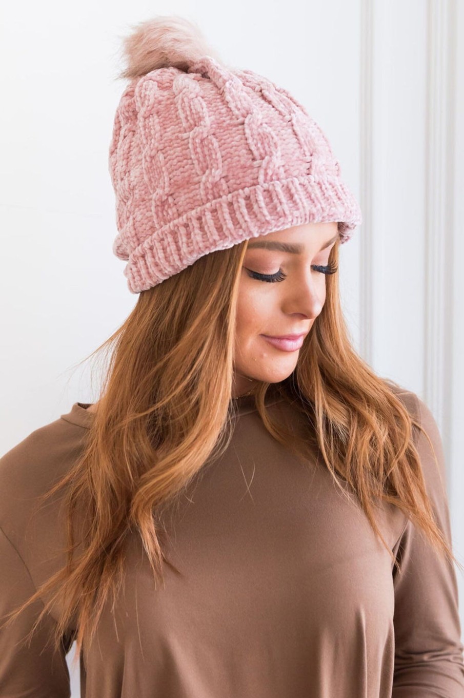 Tops NeeSee's Dresses | Stay Cozy Chenille Pom Pom Beanie Blush Chenille