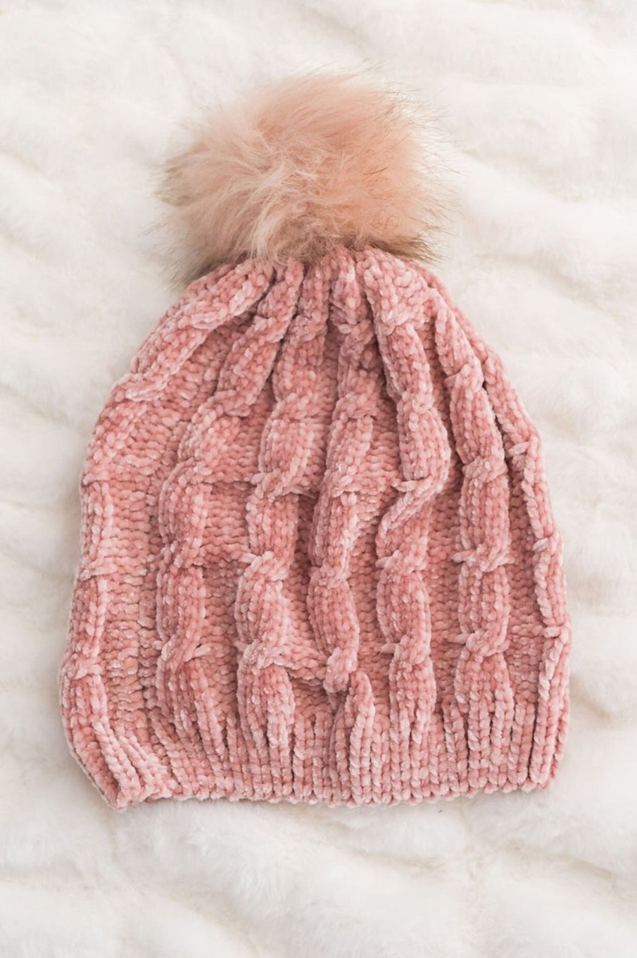 Tops NeeSee's Dresses | Stay Cozy Chenille Pom Pom Beanie Blush Chenille