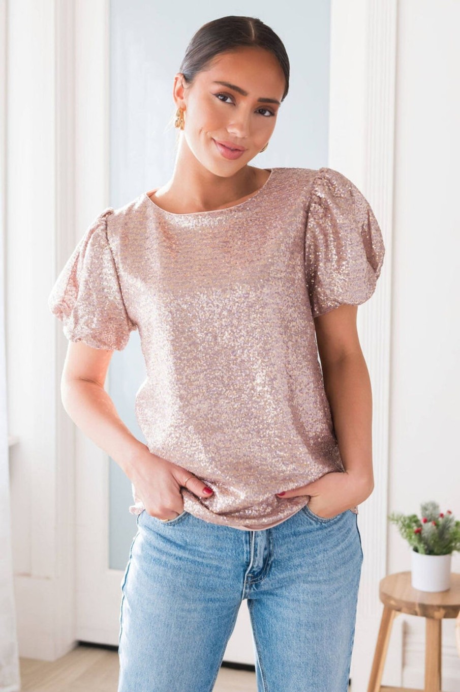 Tops NeeSee's Dresses | Be The Sparkle Sequin Blouse Pink/Gold Sequin