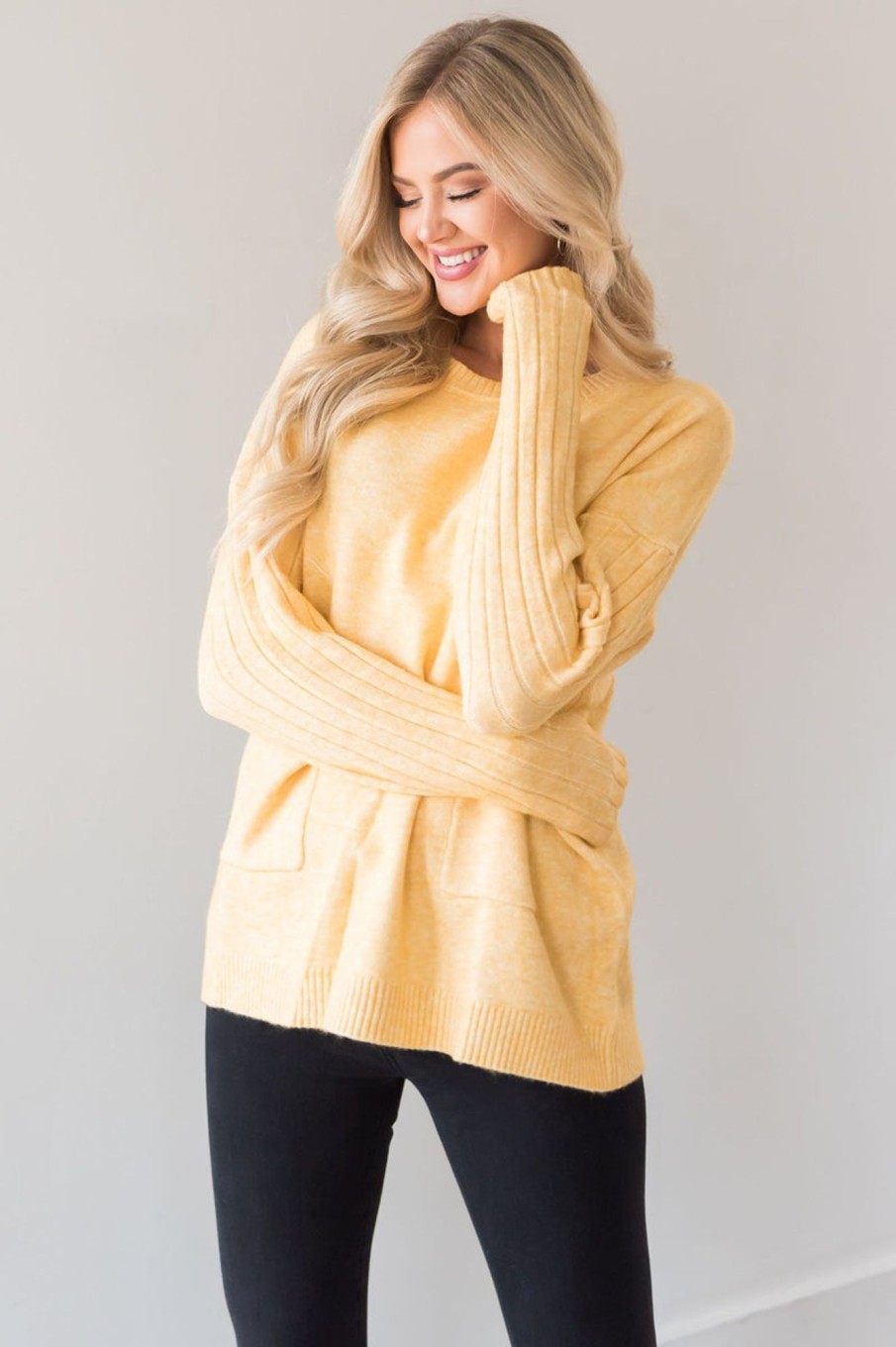 Tops NeeSee's Dresses | Sunshine Keep Shining Modest Sweater Heather Yellow