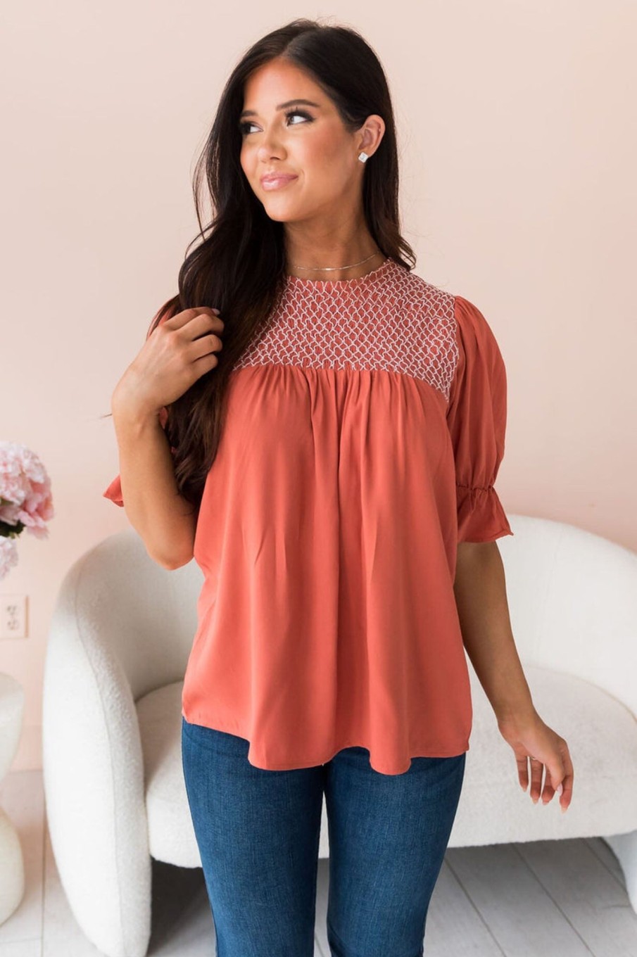 Tops NeeSee's Dresses | Drift Away Embroidered Modest Blouse Dusty Rust/White Embroidery