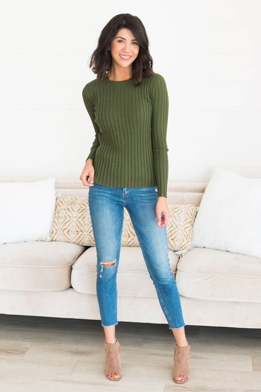 Tops NeeSee's Dresses | Falling Forward Modest Ribbed Sweater Olive Green