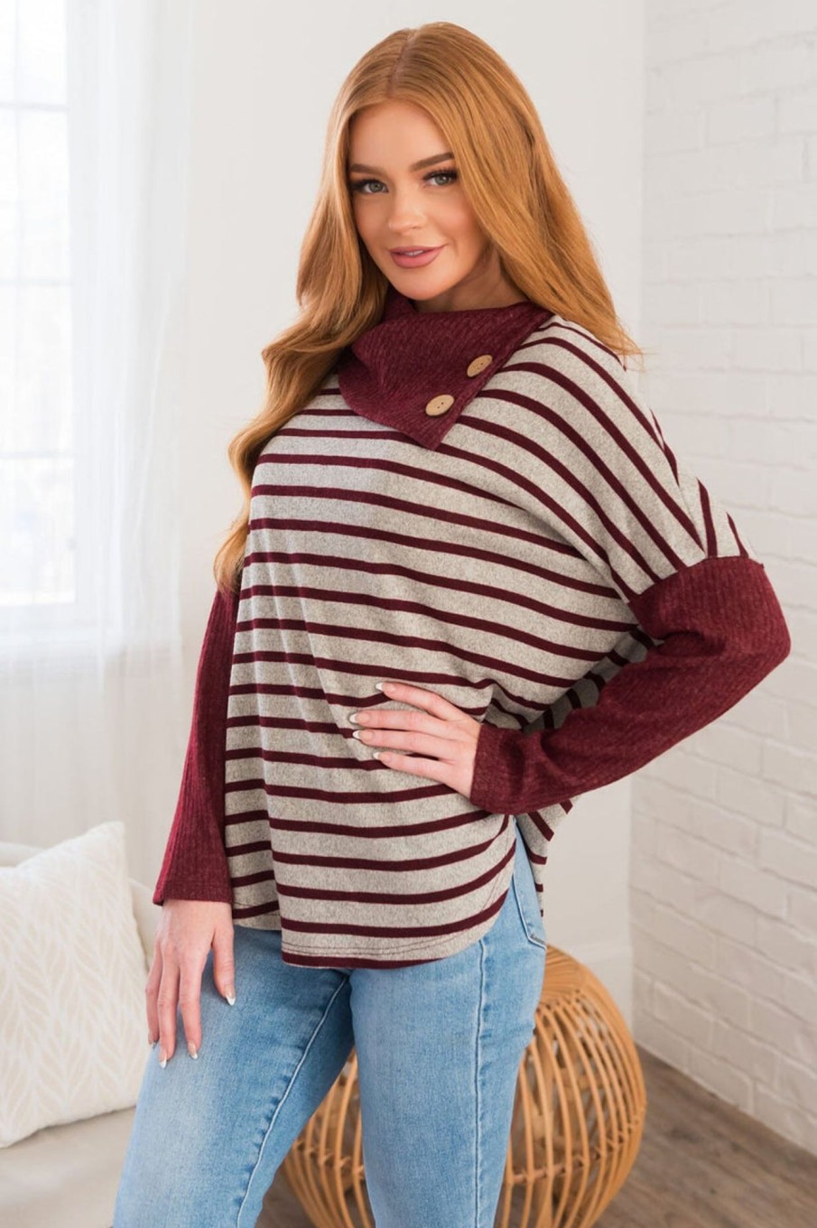 Tops NeeSee's Dresses | Admiring Beauty Modest Sweater Grey/Burgundy