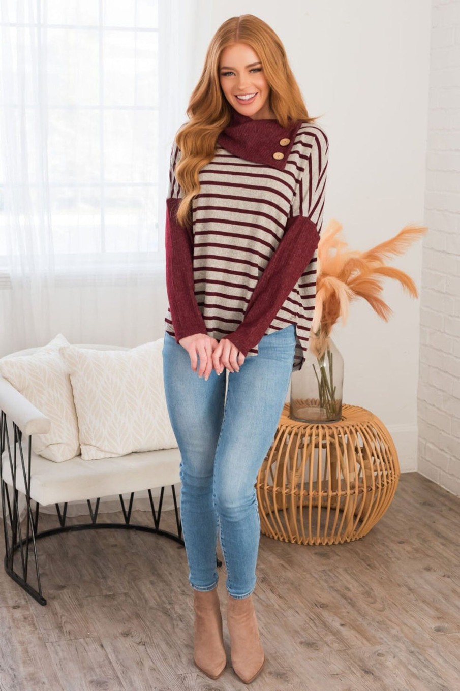 Tops NeeSee's Dresses | Admiring Beauty Modest Sweater Grey/Burgundy