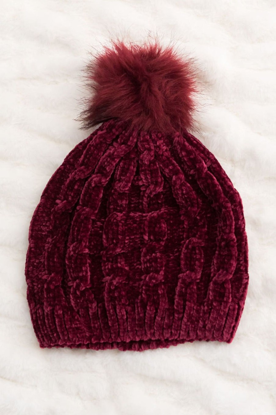 Tops NeeSee's Dresses | Stay Cozy Chenille Pom Pom Beanie Burgundy Chenille