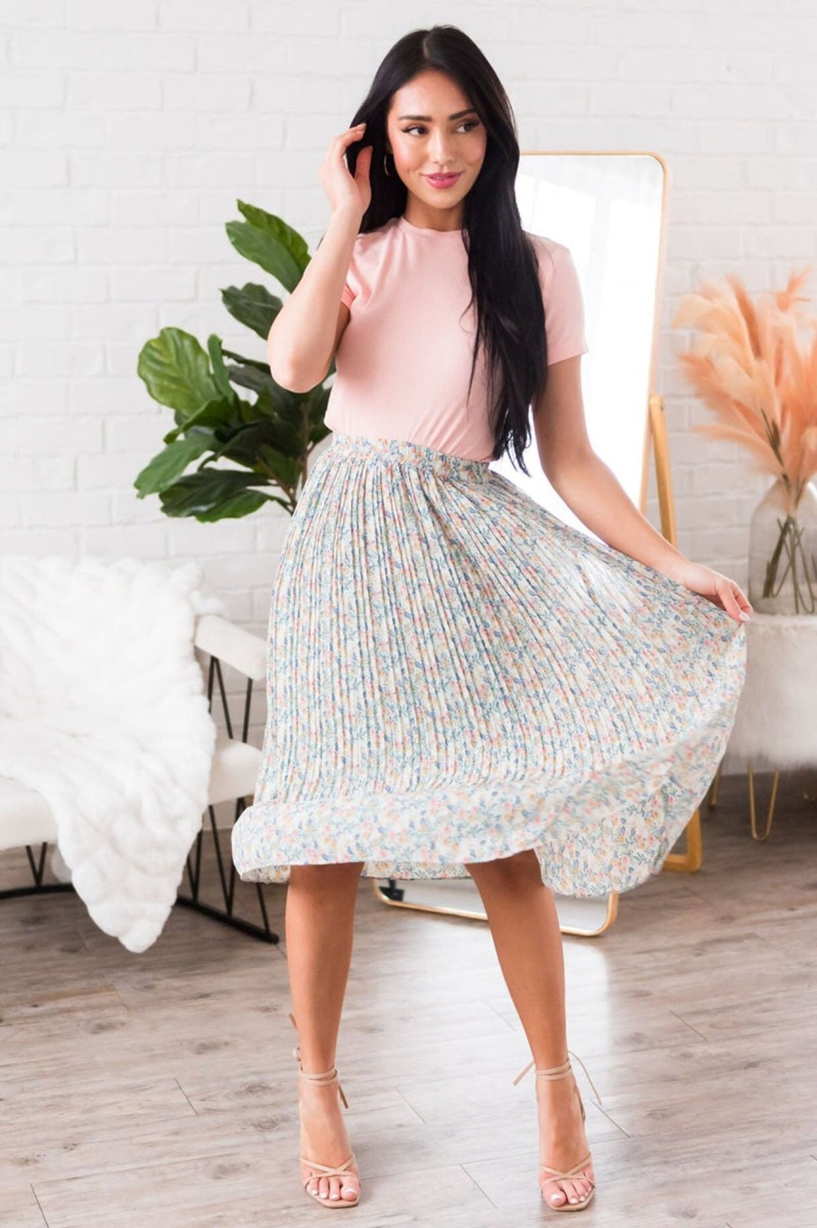 Skirts NeeSee's Dresses | Always Blooming Modest Pleat Skirt Aruba Blue/Mauve/Mustard Floral