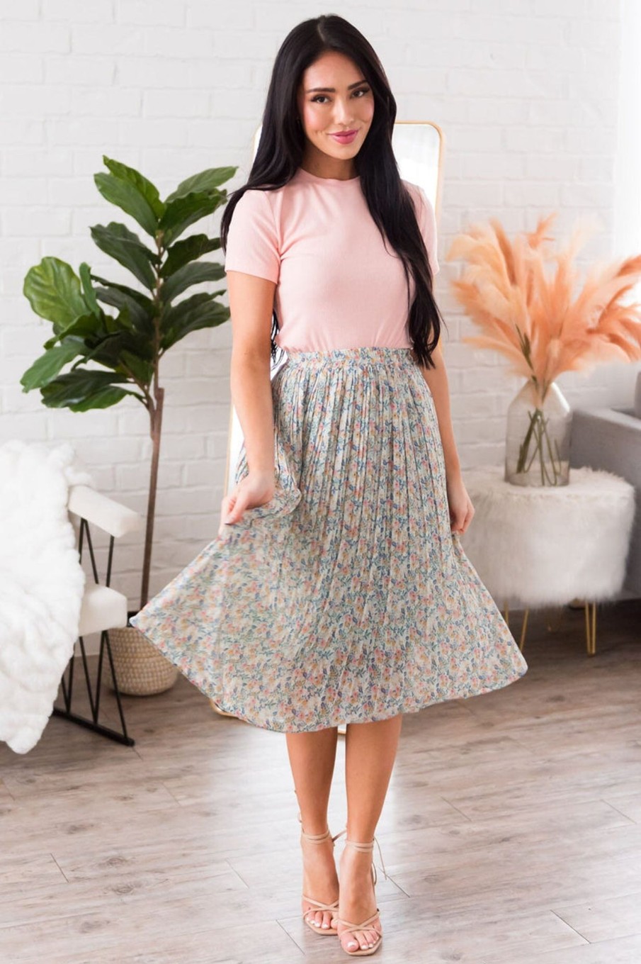 Skirts NeeSee's Dresses | Always Blooming Modest Pleat Skirt Aruba Blue/Mauve/Mustard Floral