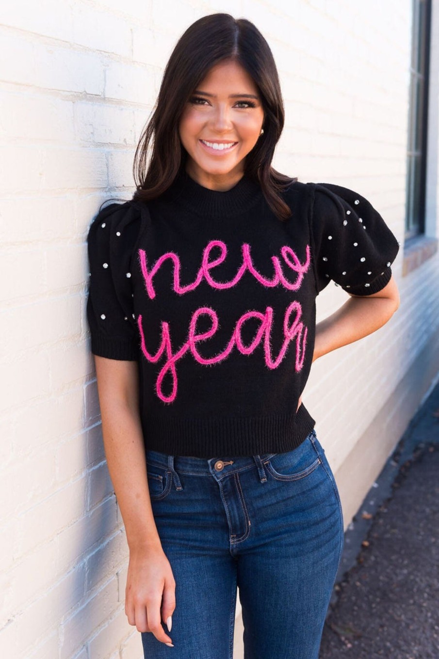 Tops NeeSee's Dresses | New Year Is Here Modest Sweater Black/Pink/Rhinestone