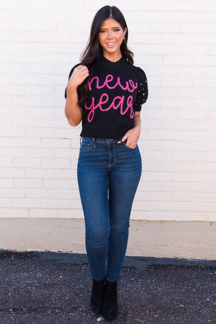 Tops NeeSee's Dresses | New Year Is Here Modest Sweater Black/Pink/Rhinestone