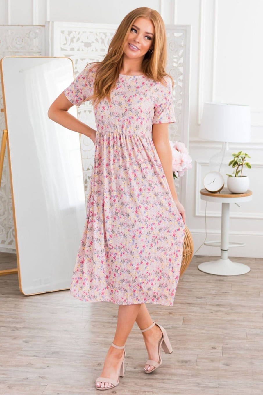 Dresses NeeSee's Dresses | The Posy Anne Rose Blush/Fuchsia/Yellow/Slate Blue Floral