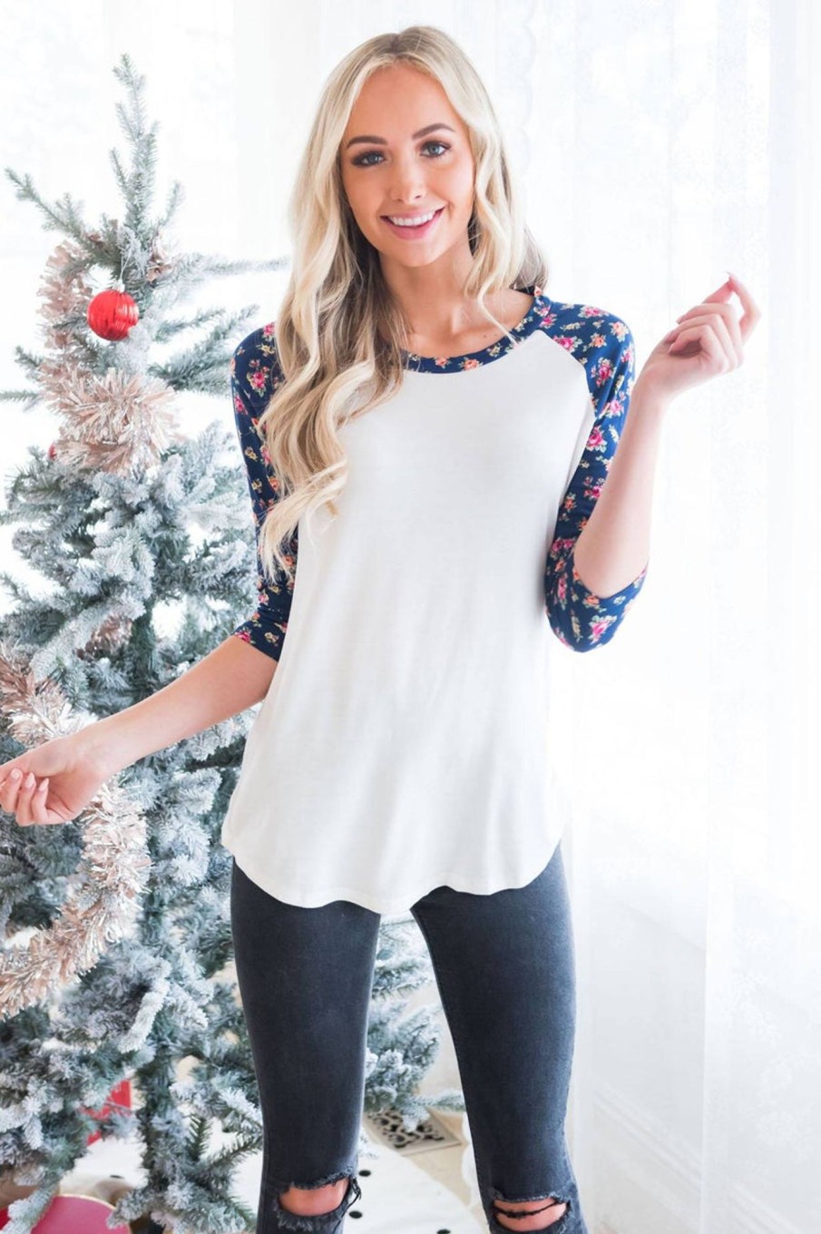 Tops NeeSee's Dresses | Floral Beauty Modest Baseball Tee Ivory/Navy Floral Sleeves