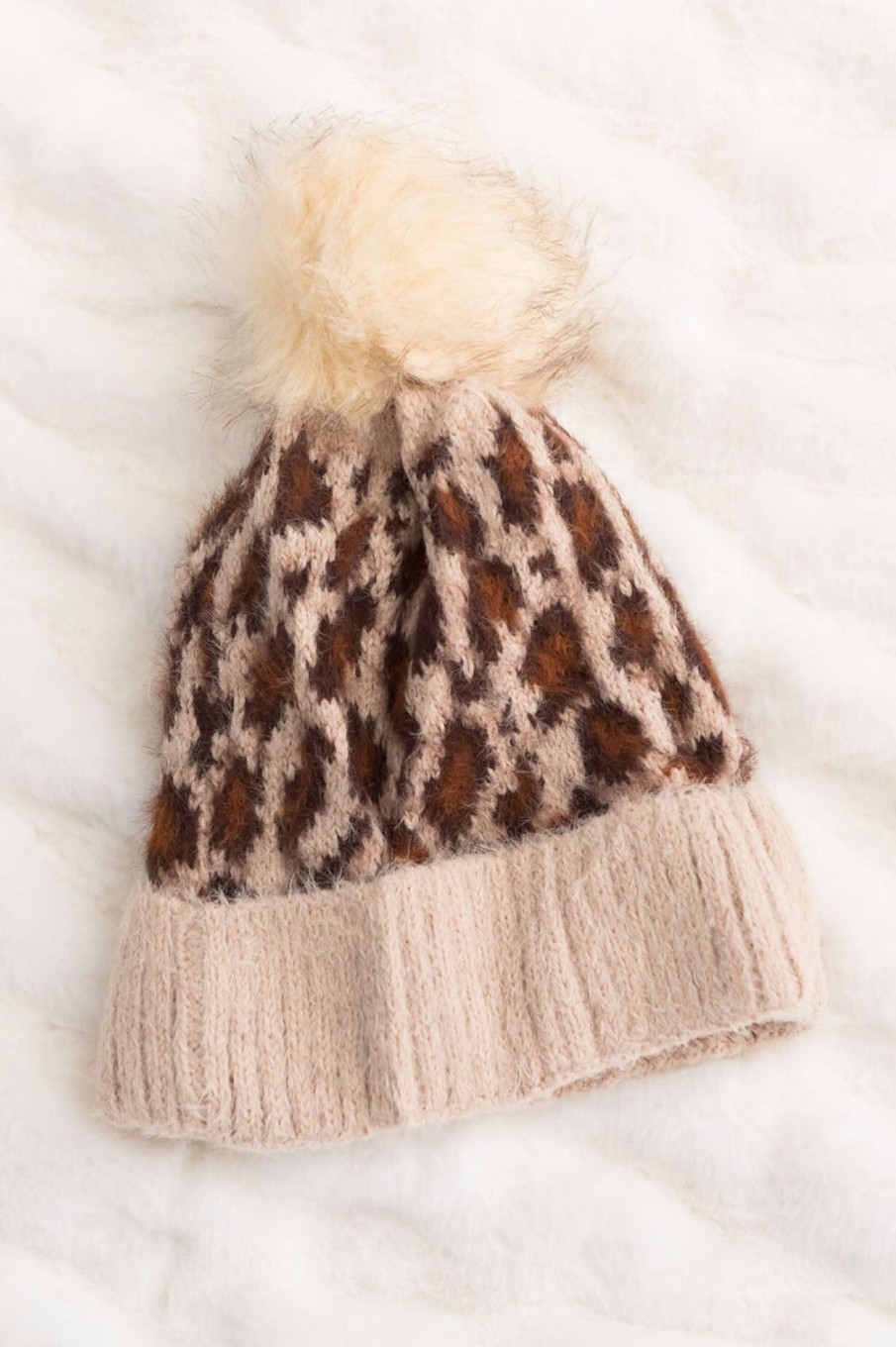 Tops NeeSee's Dresses | Wild & Free Leopard Pom Pom Beanie Oatmeal & Leopard