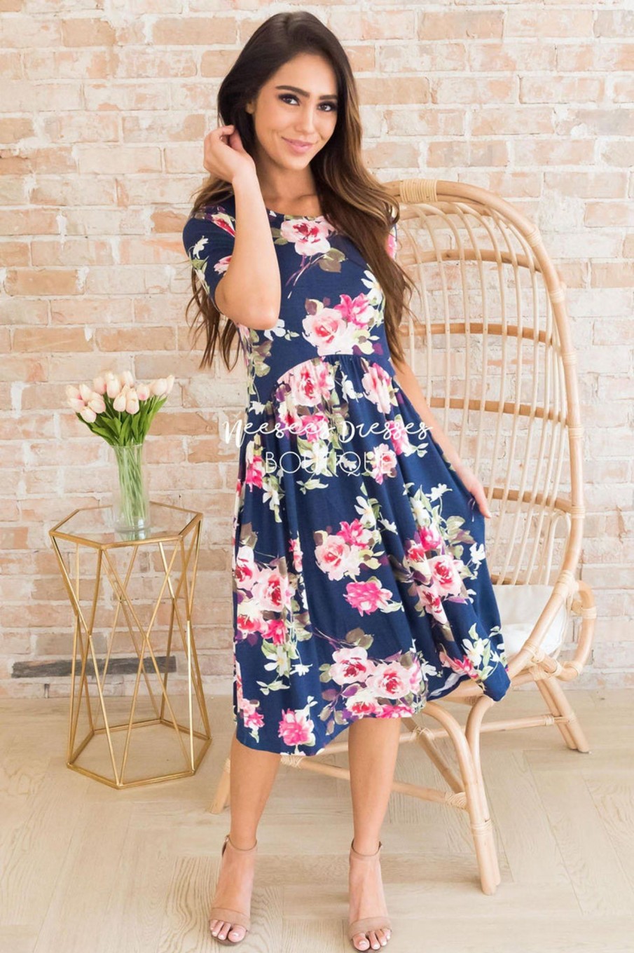 Dresses NeeSee's Dresses | The Tansie Navy W/ Pink Ivory Floral