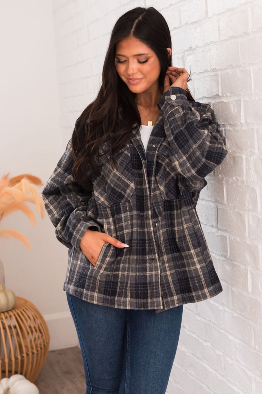 Tops NeeSee's Dresses | Feeling Frosty Modest Jacket Shadow Grey Plaid