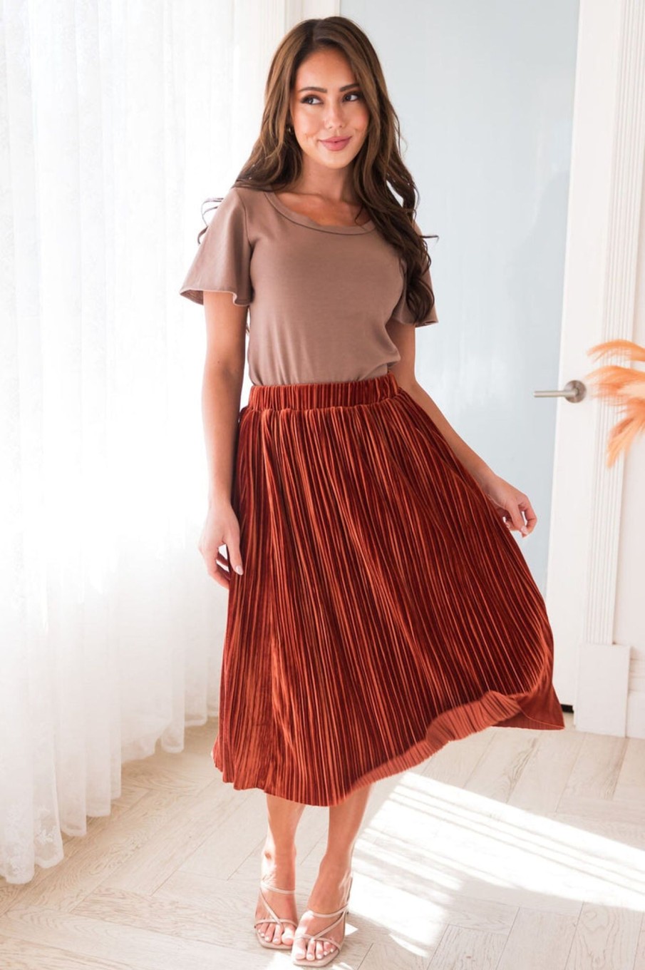 Skirts NeeSee's Dresses | Rich & Velvety Pleated Midi Skirt Rust Velvet