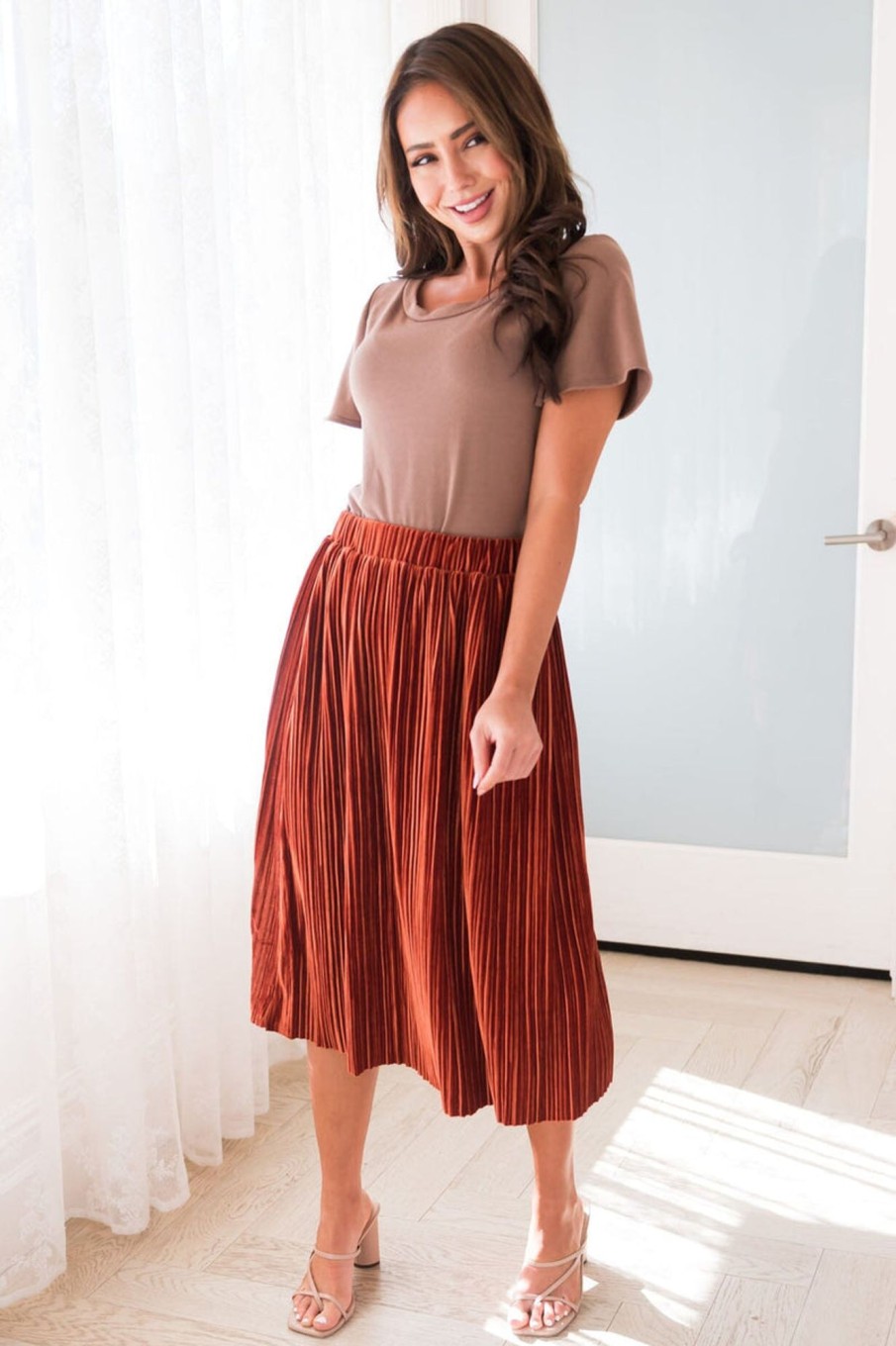 Skirts NeeSee's Dresses | Rich & Velvety Pleated Midi Skirt Rust Velvet