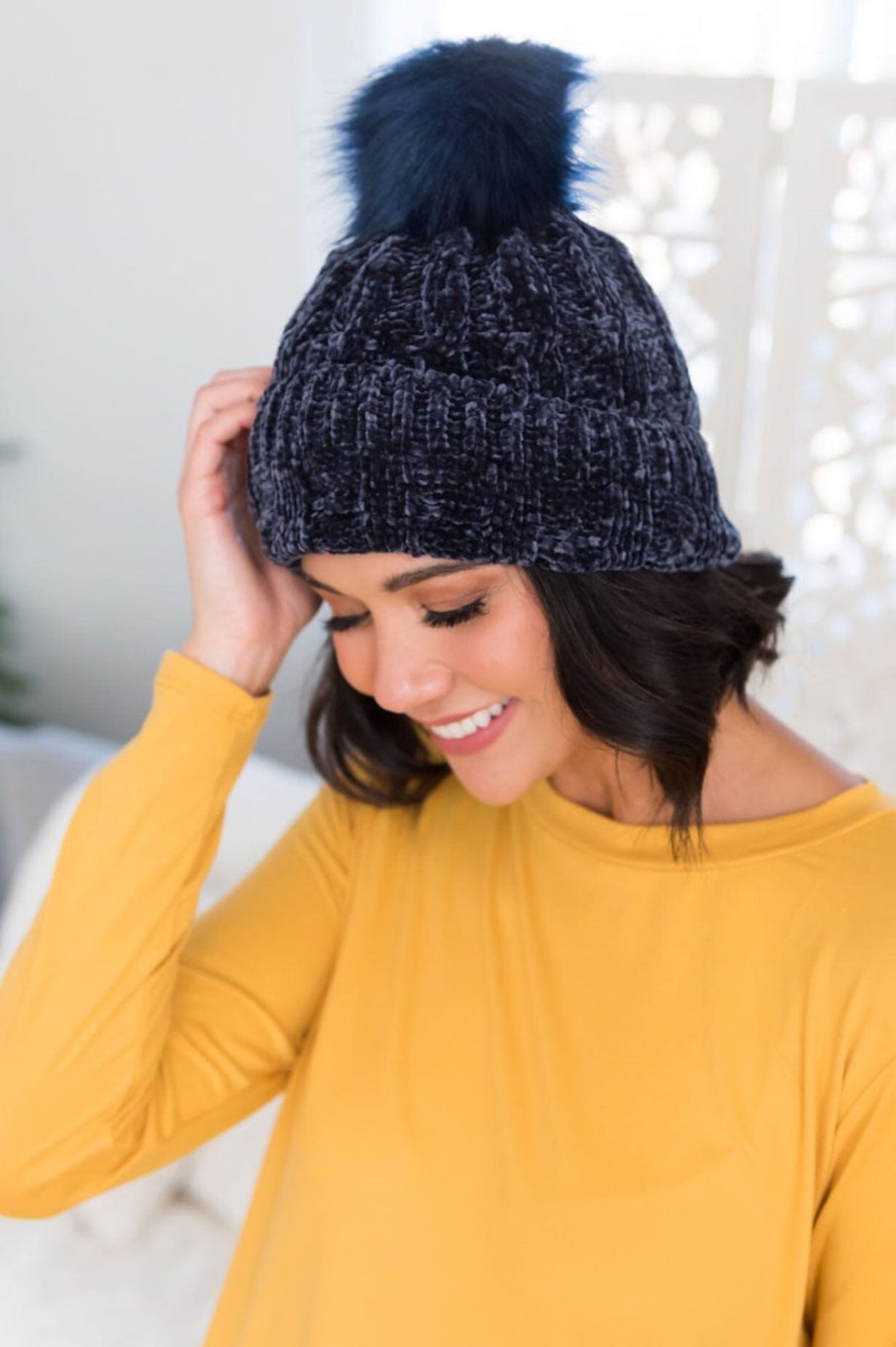 Skirts NeeSee's Dresses | Stay Cozy Chenille Pom Pom Beanie Navy Chenille