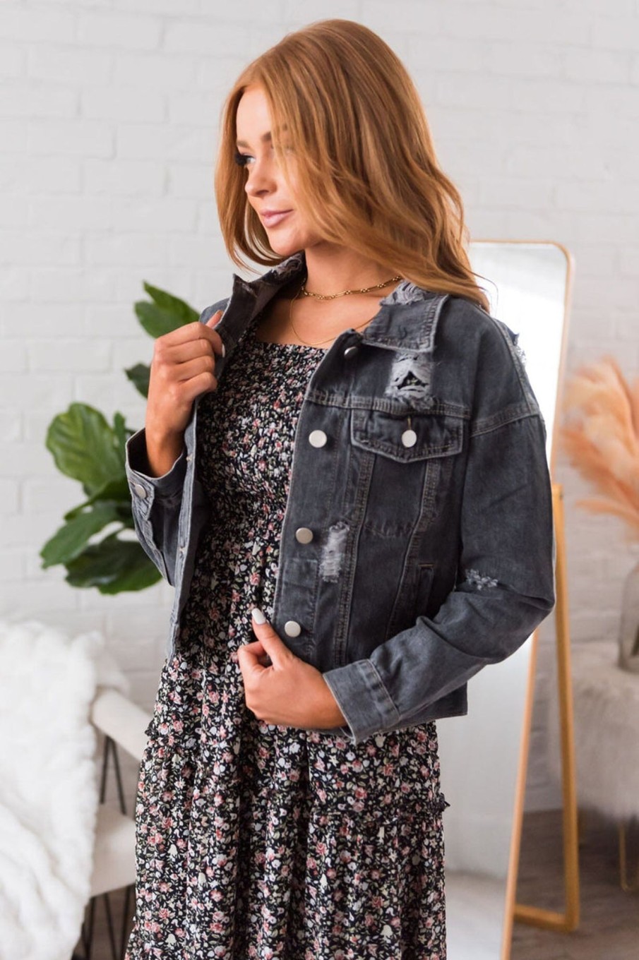 Tops NeeSee's Dresses | Falling For You Modest Denim Jacket Black Wash Distressed Denim