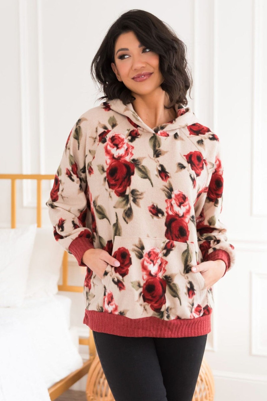 Tops NeeSee's Dresses | Being A Leader Modest Hoodie Taupe/Rust/Ivory Floral