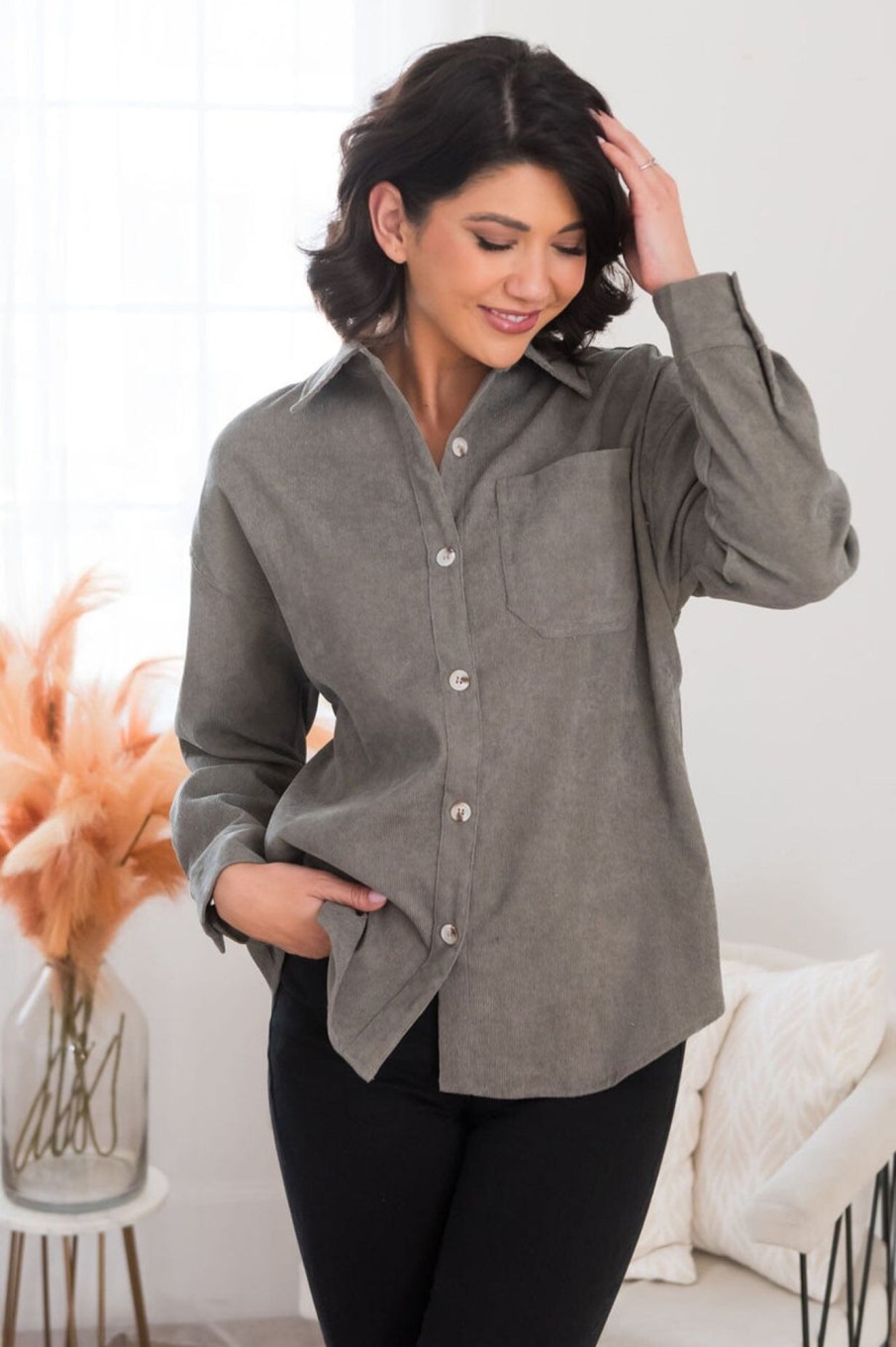 Tops NeeSee's Dresses | Goal Chaser Modest Corduroy Button Up Frosted Olive