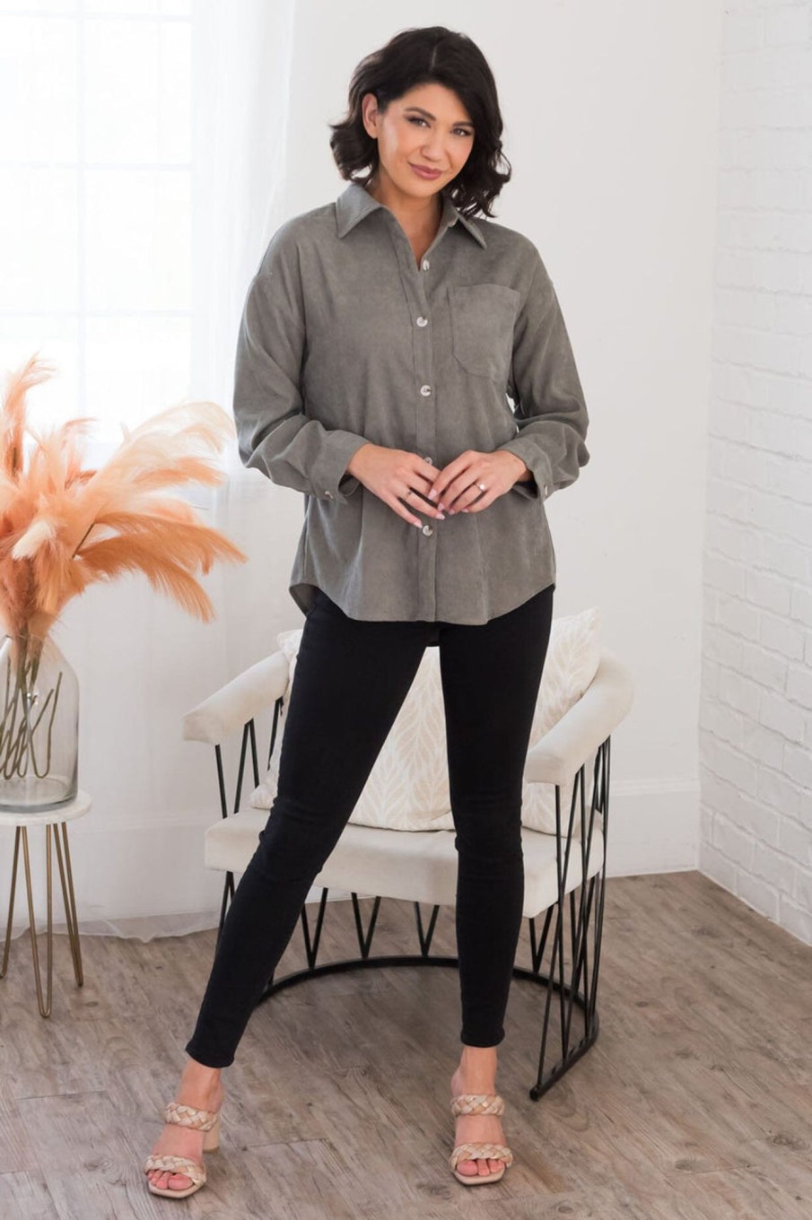 Tops NeeSee's Dresses | Goal Chaser Modest Corduroy Button Up Frosted Olive