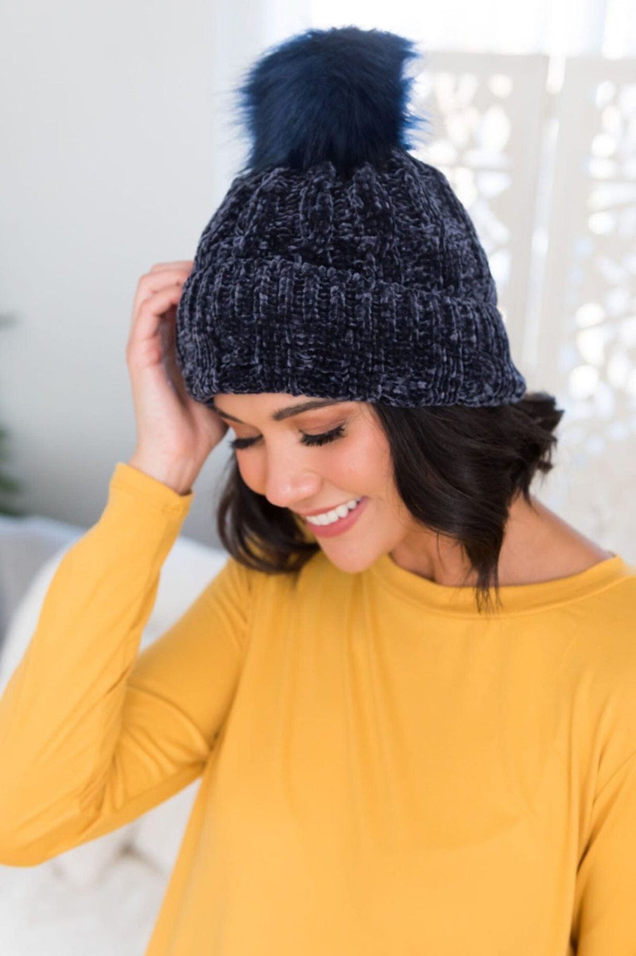 Tops NeeSee's Dresses | Stay Cozy Chenille Pom Pom Beanie Navy Chenille