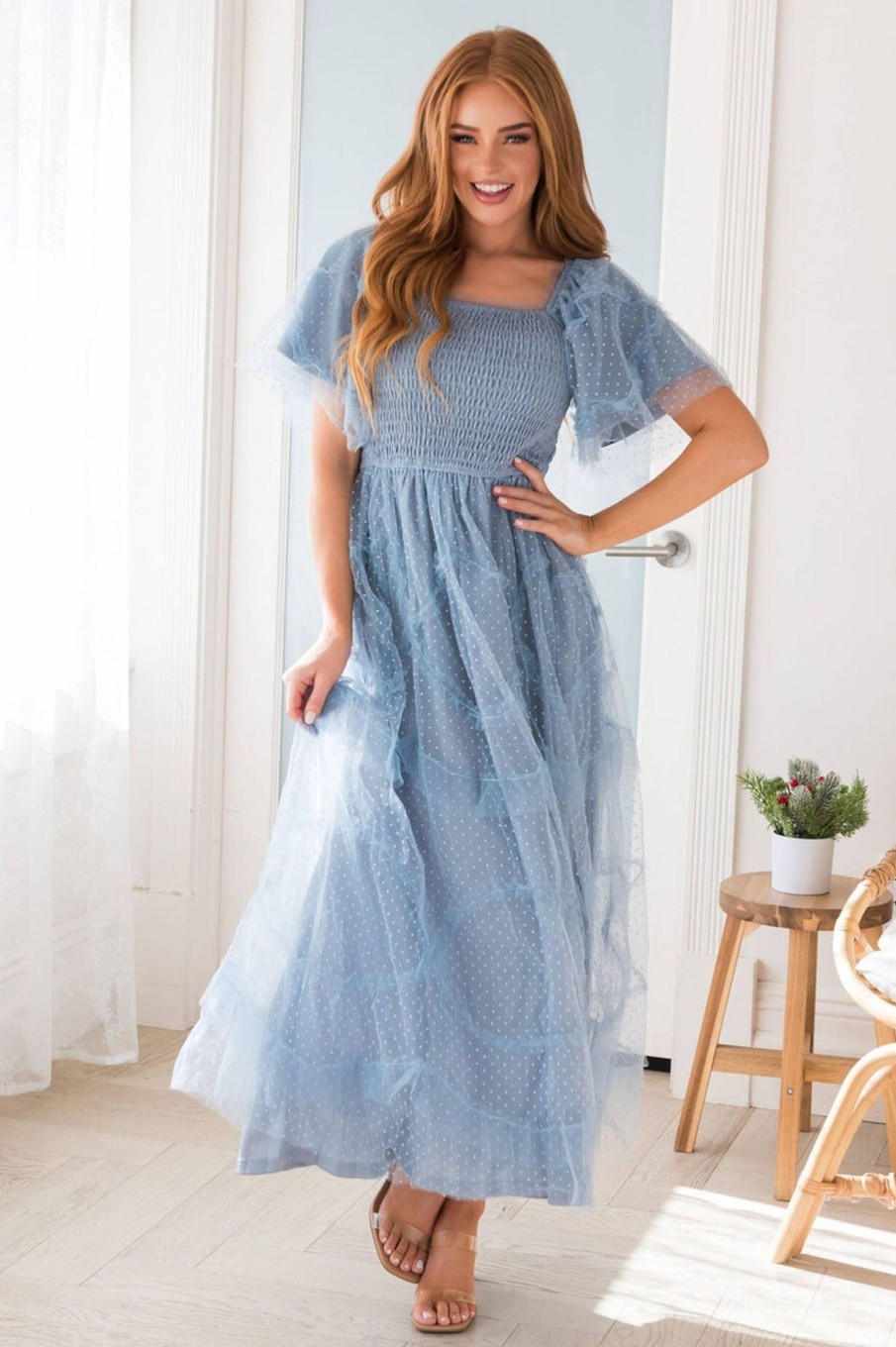 Dresses NeeSee's Dresses | The Sylvan Dusty Blue Swiss Dot