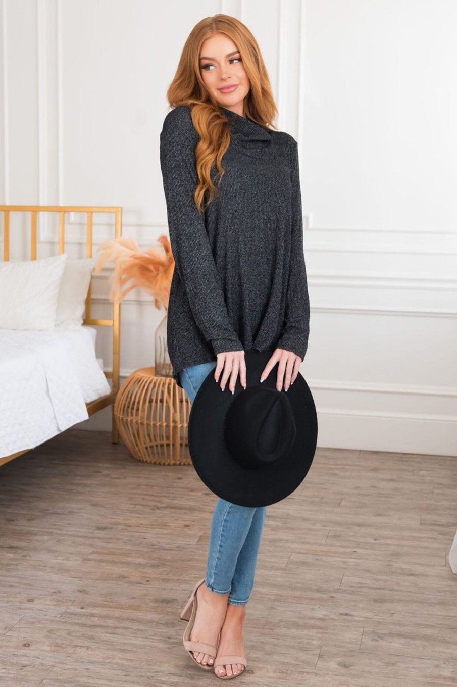 Tops NeeSee's Dresses | The Mountains Are Calling Modest Sweater Heather Black