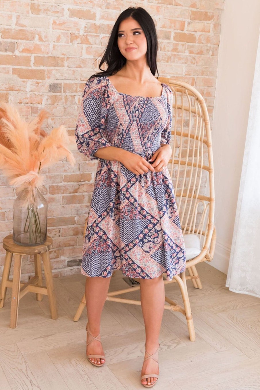 Dresses NeeSee's Dresses | The Cagney Navy/Mauve Patchwork Floral