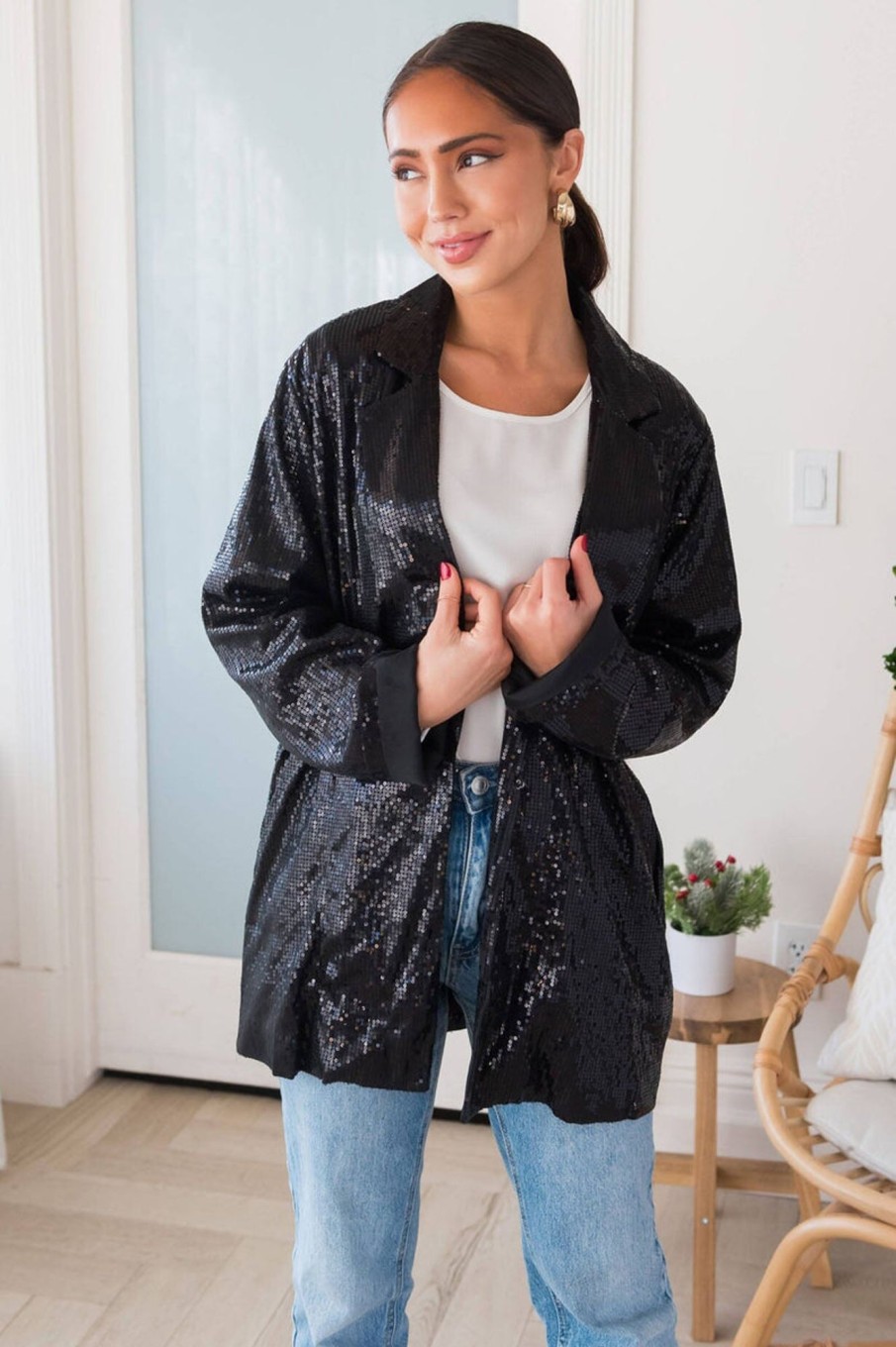 Tops NeeSee's Dresses | Happy Is Sparkle Sequin Blazer Black Sequin