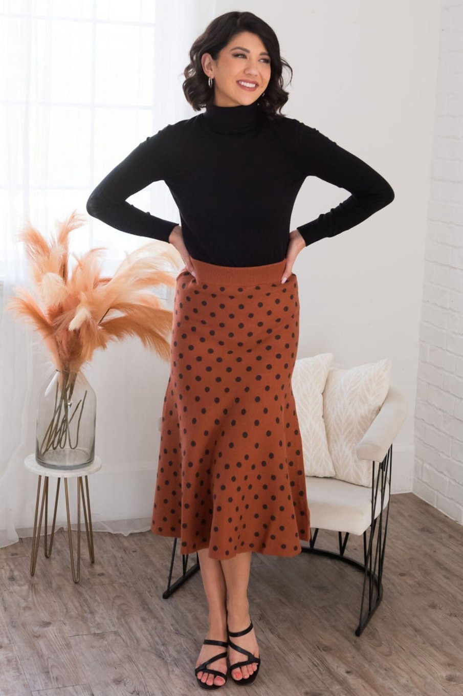 Skirts NeeSee's Dresses | Blessed Beyond Measure Modest Sweater Skirt Brown/Black Dot